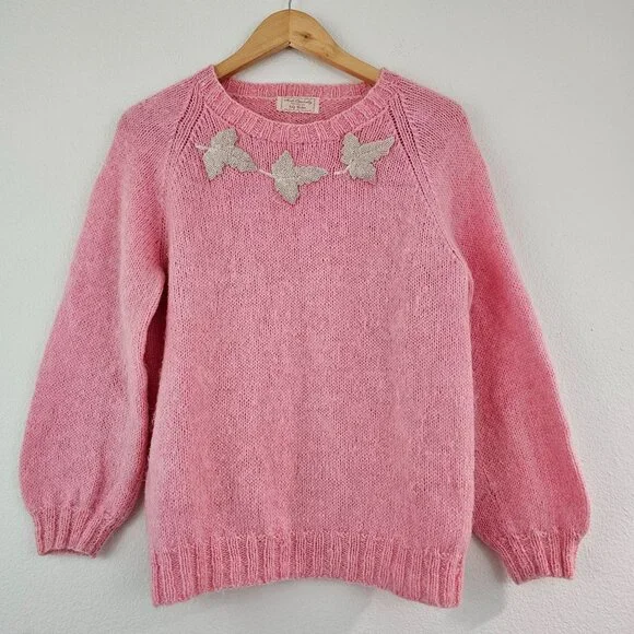American VTG Womens Sz M Hand Knit Beaded Sweater Pullover Maple Leafs Holiday - Picture 4 of 12